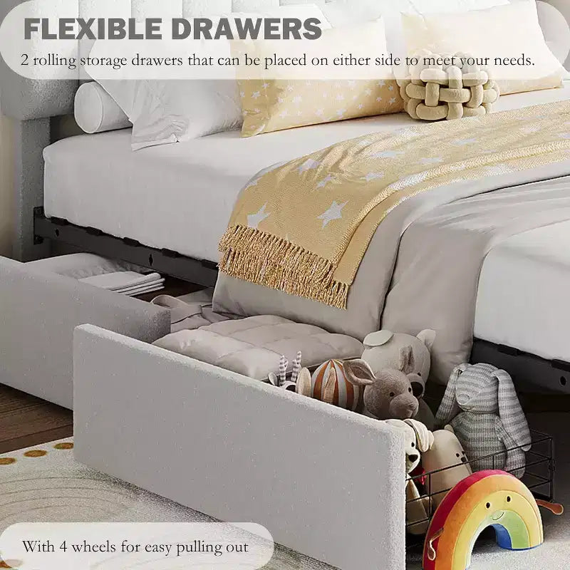 Cadre de lit double avec tête de lit de rangement, cadre de lit pour enfants avec 2 tiroirs, assemblage facile, pas besoin de sommier tapissier