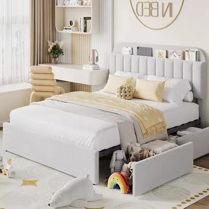 Cadre de lit double avec tête de lit de rangement, cadre de lit pour enfants avec 2 tiroirs, assemblage facile, pas besoin de sommier tapissier