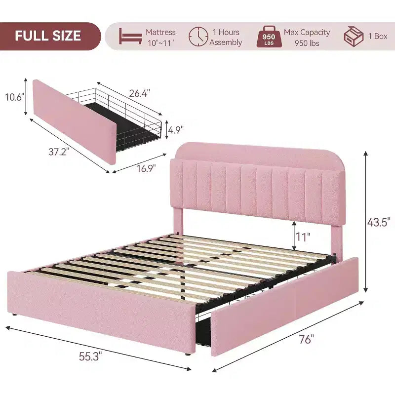Cadre de lit double avec tête de lit de rangement, cadre de lit pour enfants avec 2 tiroirs, assemblage facile, pas besoin de sommier tapissier