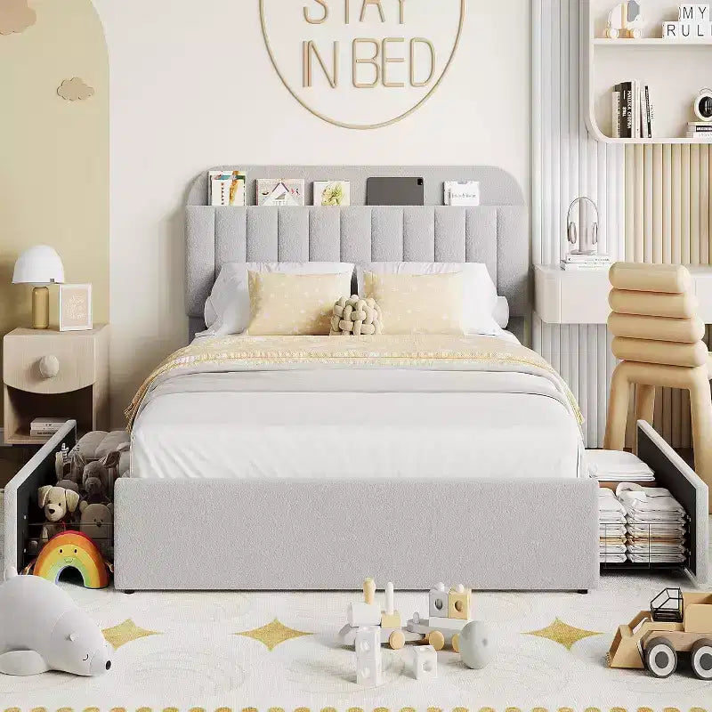 Twin Bed Frame with Storage Headboard, Kids Bed Frame with 2 Drawers, Easy Assembly, No Box Spring Needed