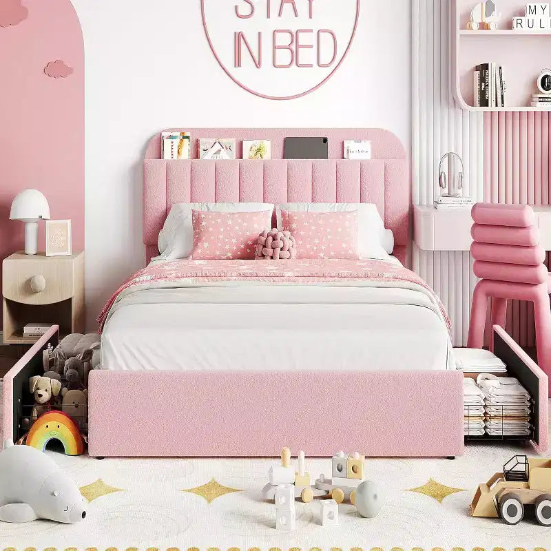 Cadre de lit double avec tête de lit de rangement, cadre de lit pour enfants avec 2 tiroirs, assemblage facile, pas besoin de sommier tapissier