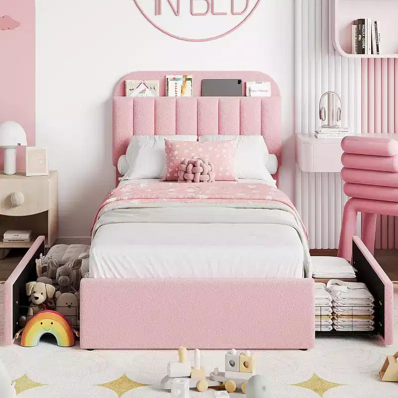 Cadre de lit double avec tête de lit de rangement, cadre de lit pour enfants avec 2 tiroirs, assemblage facile, pas besoin de sommier tapissier