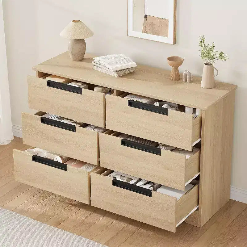 Commode double à 6 tiroirs pour chambre à coucher, commode moderne grise avec poignées encastrées, organisateur de rangement en bois pour salon, chambre d'enfant, couloir ou entrée