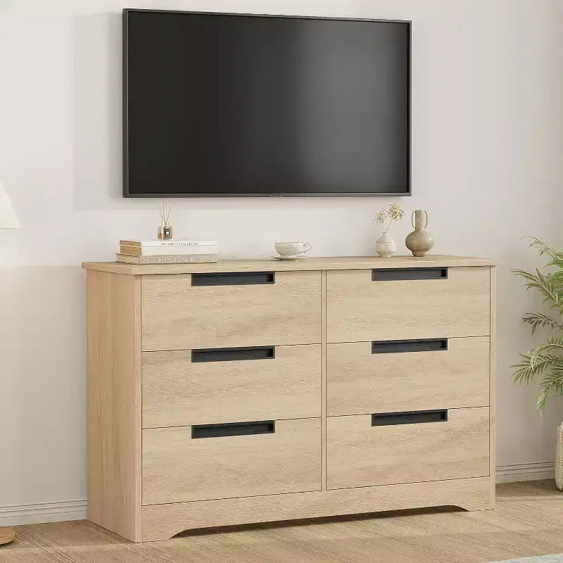 Commode double à 6 tiroirs pour chambre à coucher, commode moderne grise avec poignées encastrées, organisateur de rangement en bois pour salon, chambre d'enfant, couloir ou entrée