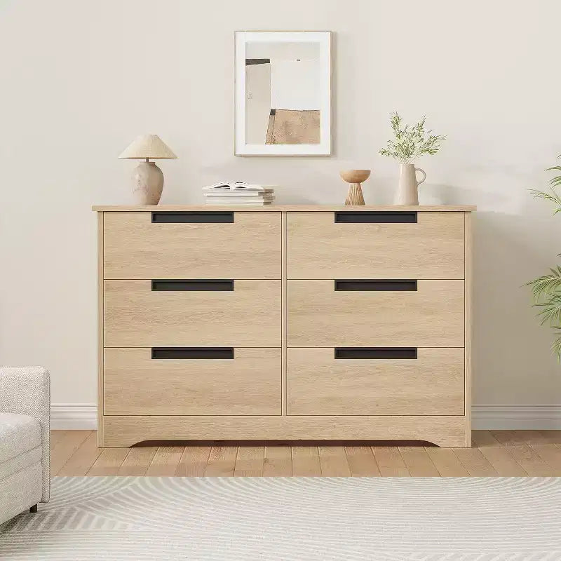 Commode double à 6 tiroirs pour chambre à coucher, commode moderne grise avec poignées encastrées, organisateur de rangement en bois pour salon, chambre d'enfant, couloir ou entrée