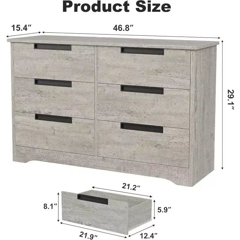 Commode double à 6 tiroirs pour chambre à coucher, commode moderne grise avec poignées encastrées, organisateur de rangement en bois pour salon, chambre d'enfant, couloir ou entrée