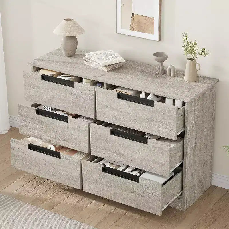 Commode double à 6 tiroirs pour chambre à coucher, commode moderne grise avec poignées encastrées, organisateur de rangement en bois pour salon, chambre d'enfant, couloir ou entrée