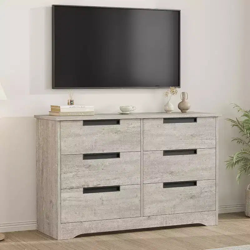 Commode double à 6 tiroirs pour chambre à coucher, commode moderne grise avec poignées encastrées, organisateur de rangement en bois pour salon, chambre d'enfant, couloir ou entrée
