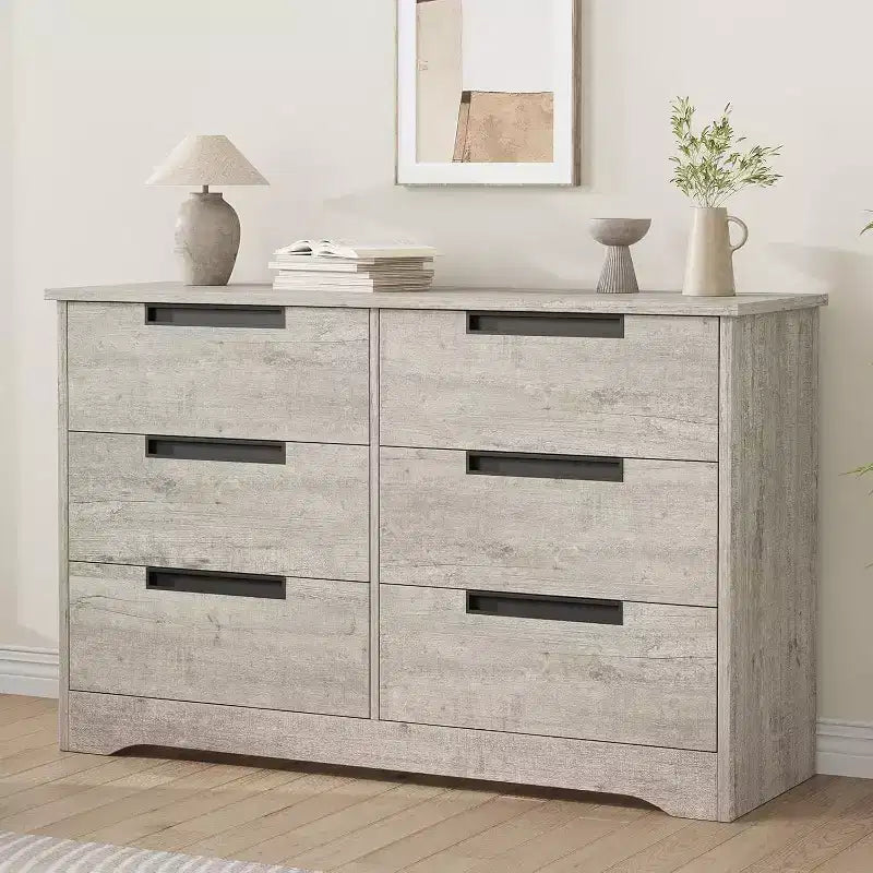 Commode double à 6 tiroirs pour chambre à coucher, commode moderne grise avec poignées encastrées, organisateur de rangement en bois pour salon, chambre d'enfant, couloir ou entrée