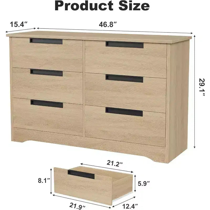 Commode double à 6 tiroirs pour chambre à coucher, commode moderne grise avec poignées encastrées, organisateur de rangement en bois pour salon, chambre d'enfant, couloir ou entrée