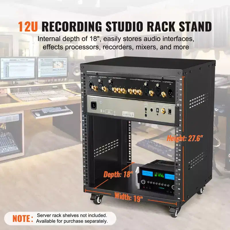 Support de rack audiovisuel 12U, capacité de 227 kg, rack réseau/stéréo/studio d'enregistrement avec roulettes verrouillables Trous ronds et carrés, aérations spéciales
