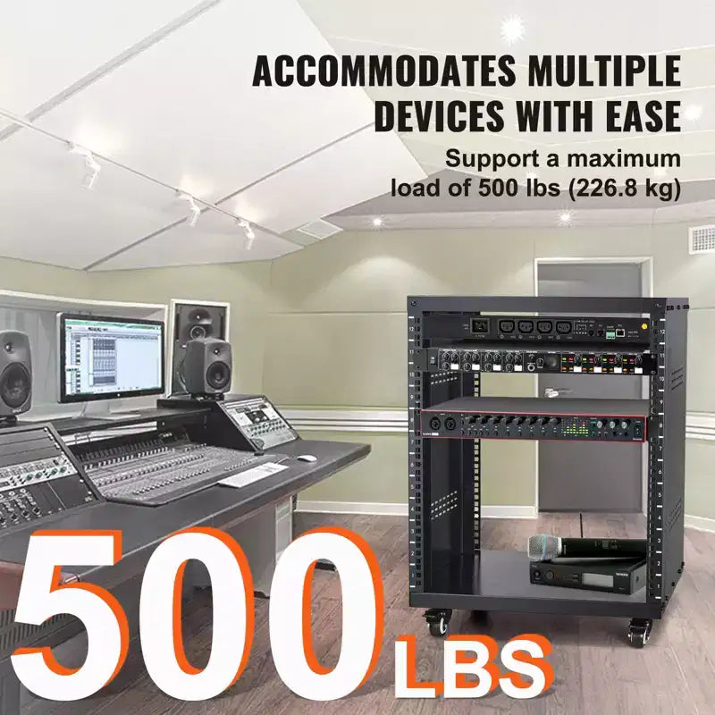 Support de rack audiovisuel 12U, capacité de 227 kg, rack réseau/stéréo/studio d'enregistrement avec roulettes verrouillables Trous ronds et carrés, aérations spéciales