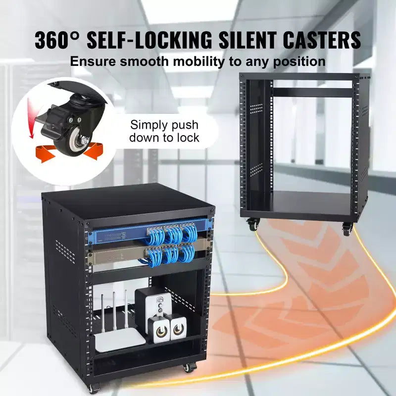 Support de rack audiovisuel 12U, capacité de 227 kg, rack réseau/stéréo/studio d'enregistrement avec roulettes verrouillables Trous ronds et carrés, aérations spéciales