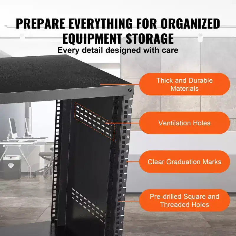 Support de rack audiovisuel 12U, capacité de 227 kg, rack réseau/stéréo/studio d'enregistrement avec roulettes verrouillables Trous ronds et carrés, aérations spéciales