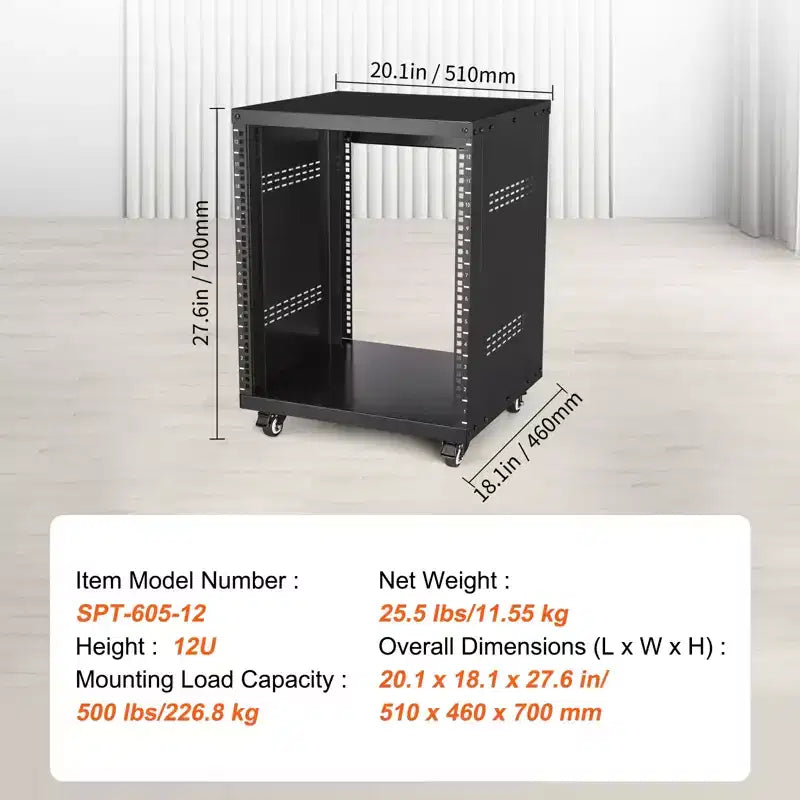 Support de rack audiovisuel 12U, capacité de 227 kg, rack réseau/stéréo/studio d'enregistrement avec roulettes verrouillables Trous ronds et carrés, aérations spéciales