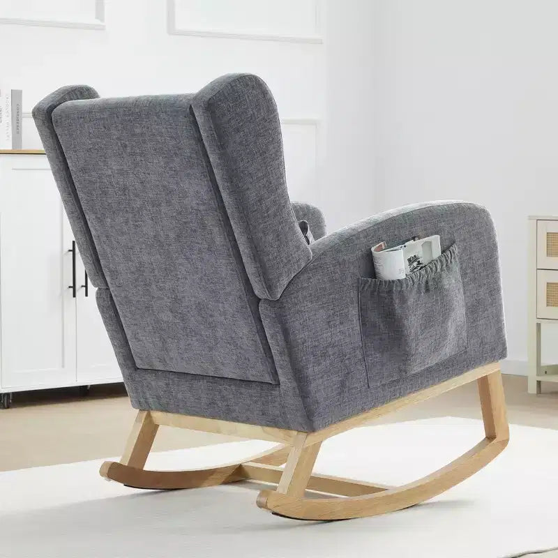 Fauteuil à bascule en chenille avec repose-pieds escamotable, pieds en bois massif, long patin antidérapant, soutien lombaire et poche latérale