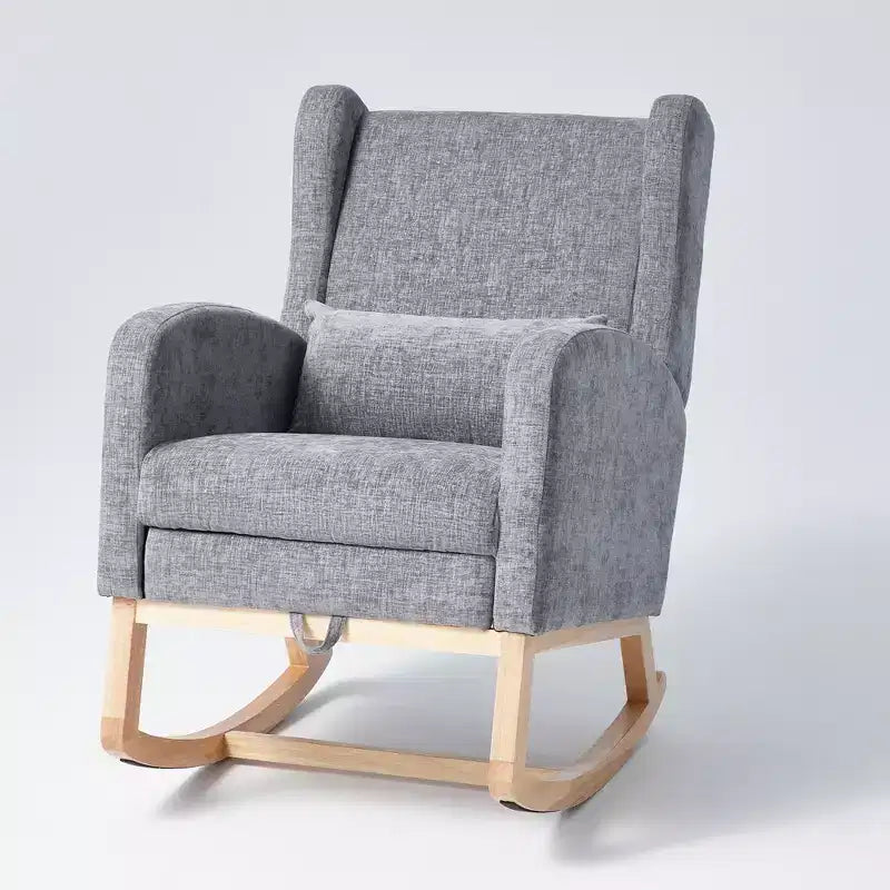 Fauteuil à bascule en chenille avec repose-pieds escamotable, pieds en bois massif, long patin antidérapant, soutien lombaire et poche latérale