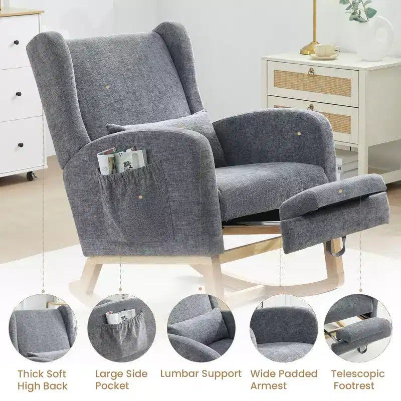 Fauteuil à bascule en chenille avec repose-pieds escamotable, pieds en bois massif, long patin antidérapant, soutien lombaire et poche latérale