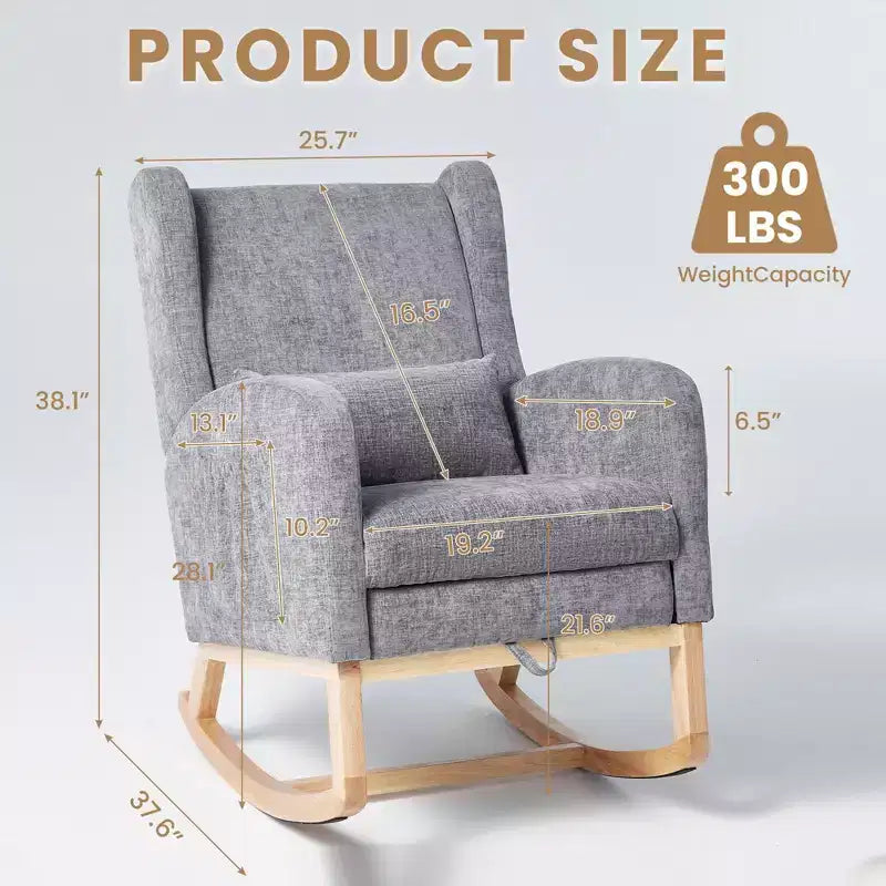 Fauteuil à bascule en chenille avec repose-pieds escamotable, pieds en bois massif, long patin antidérapant, soutien lombaire et poche latérale