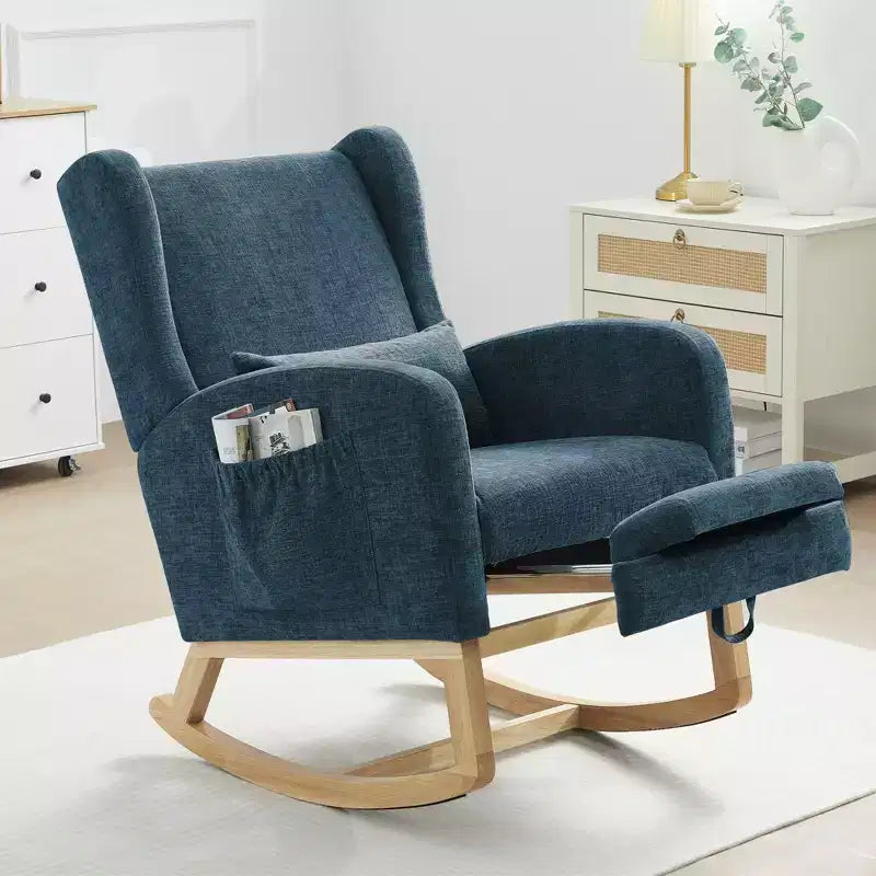 Fauteuil à bascule en chenille avec repose-pieds escamotable, pieds en bois massif, long patin antidérapant, soutien lombaire et poche latérale