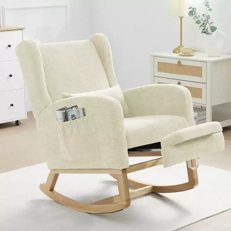Fauteuil à bascule en chenille avec repose-pieds escamotable, pieds en bois massif, long patin antidérapant, soutien lombaire et poche latérale