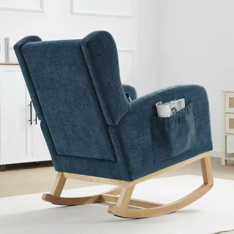 Fauteuil à bascule en chenille avec repose-pieds escamotable, pieds en bois massif, long patin antidérapant, soutien lombaire et poche latérale