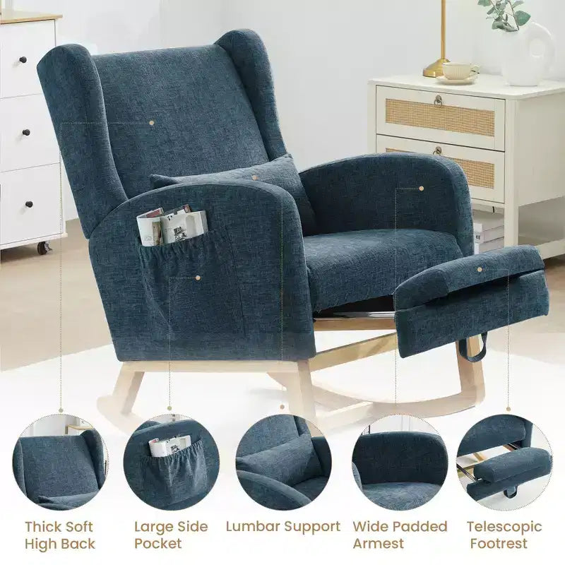 Fauteuil à bascule en chenille avec repose-pieds escamotable, pieds en bois massif, long patin antidérapant, soutien lombaire et poche latérale