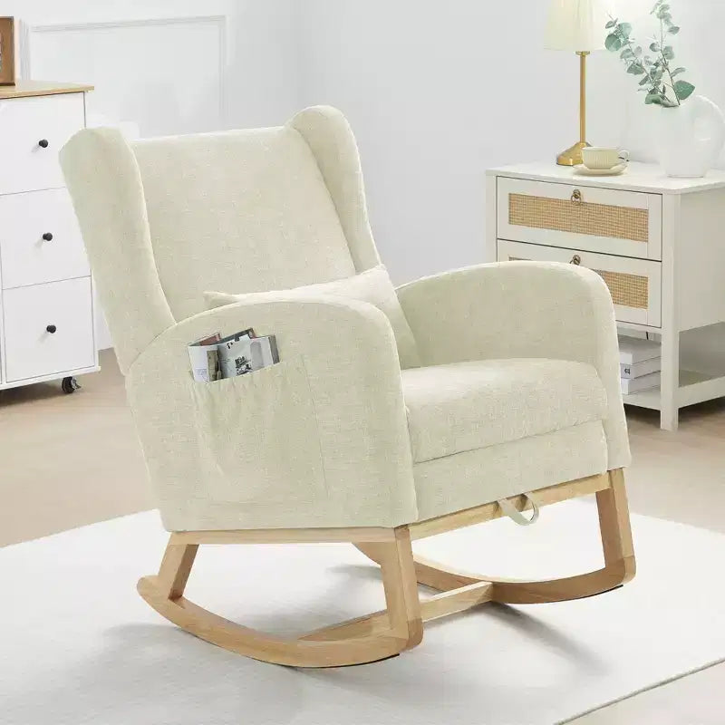 Fauteuil à bascule en chenille avec repose-pieds escamotable, pieds en bois massif, long patin antidérapant, soutien lombaire et poche latérale