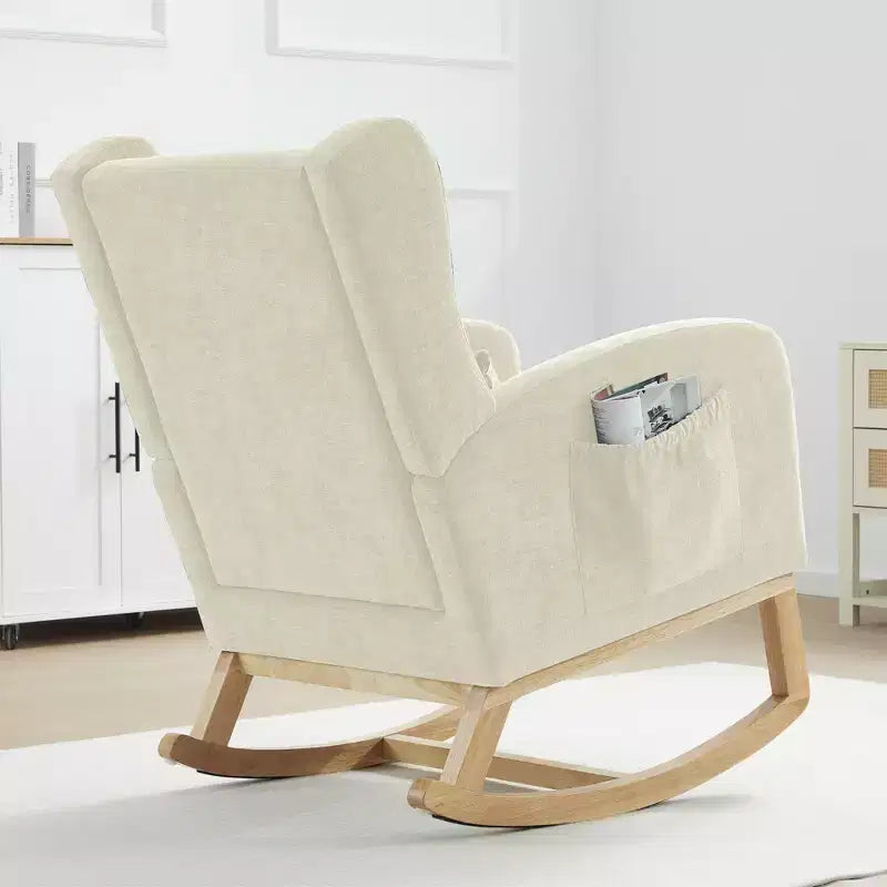 Fauteuil à bascule en chenille avec repose-pieds escamotable, pieds en bois massif, long patin antidérapant, soutien lombaire et poche latérale