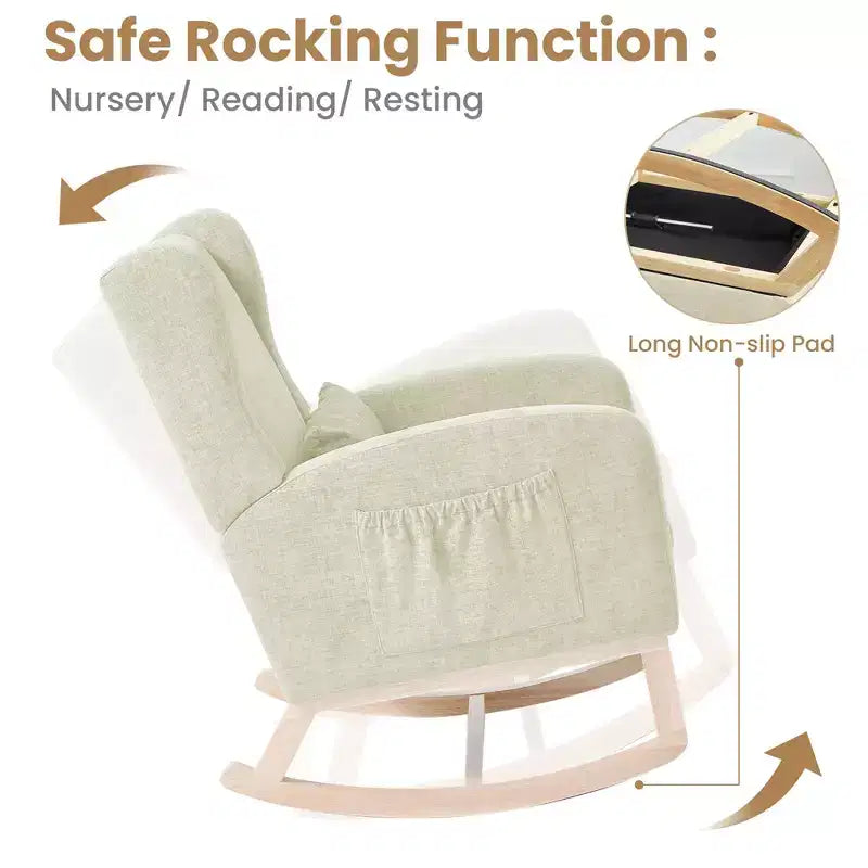 Fauteuil à bascule en chenille avec repose-pieds escamotable, pieds en bois massif, long patin antidérapant, soutien lombaire et poche latérale