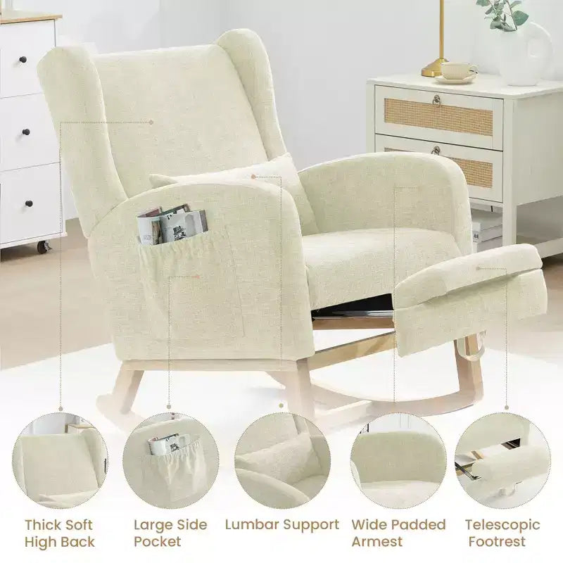 Fauteuil à bascule en chenille avec repose-pieds escamotable, pieds en bois massif, long patin antidérapant, soutien lombaire et poche latérale