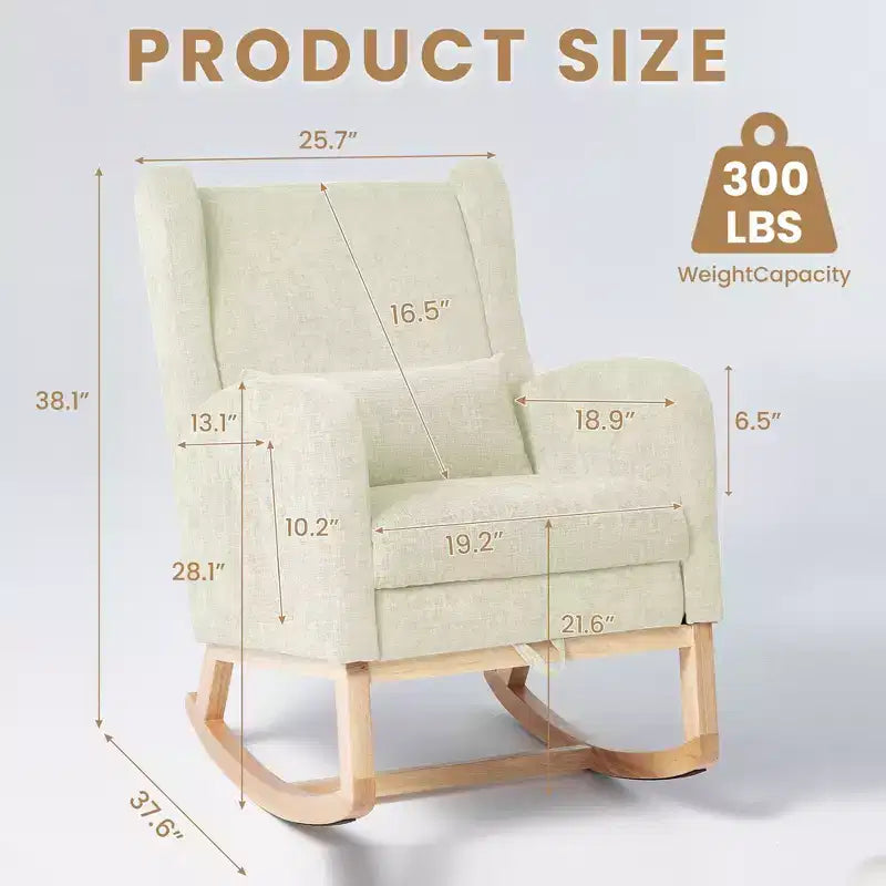 Fauteuil à bascule en chenille avec repose-pieds escamotable, pieds en bois massif, long patin antidérapant, soutien lombaire et poche latérale