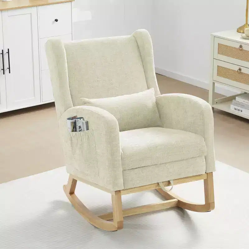 Hyleory Chenille Rocking Chair Rocker With Retractable Footrest, Solid Wood Leg, Long Non-Slip Pad, Lumbar Support And Side Pocket