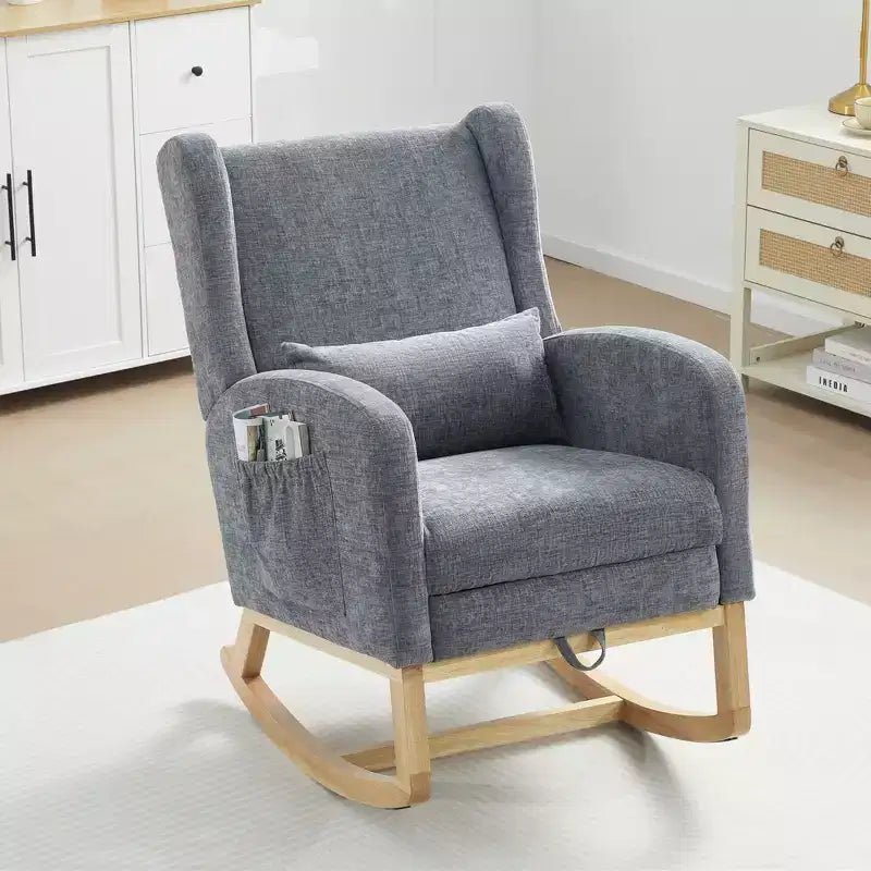 Fauteuil à bascule en chenille avec repose-pieds escamotable, pieds en bois massif, long patin antidérapant, soutien lombaire et poche latérale