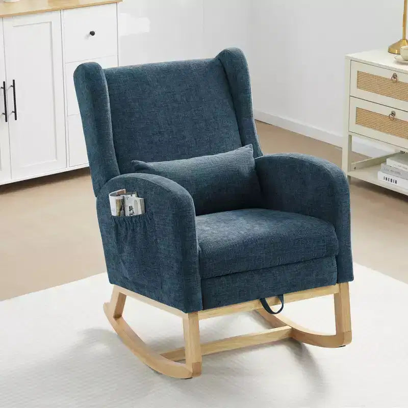 Fauteuil à bascule en chenille avec repose-pieds escamotable, pieds en bois massif, long patin antidérapant, soutien lombaire et poche latérale