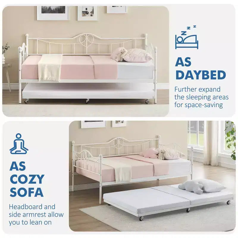 Lit de repos jumeau avec lit gigogne double, lit de repos en métal avec lit gigogne, cadre de lit de repos avec lit gigogne, canapé-lit avec support à lattes en acier pour enfants, adolescents et adultes