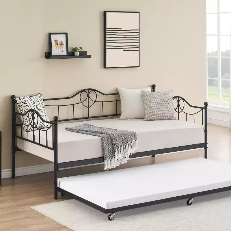 Twin Day Bed with Trundle Bed Twin, Metal Daybed with Trundle, Daybed with Trundle Bed Frame, Steel Slat Support Sofa Bed for Kids Teens Adults