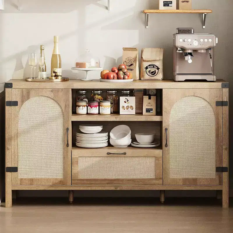 59 Farmhouse Kitchen Buffet Cabinet, Modern Wooden Sideboard, Rattan Coffee Bar Cabinet, Contemporary Living Room and Dining Room Furniture