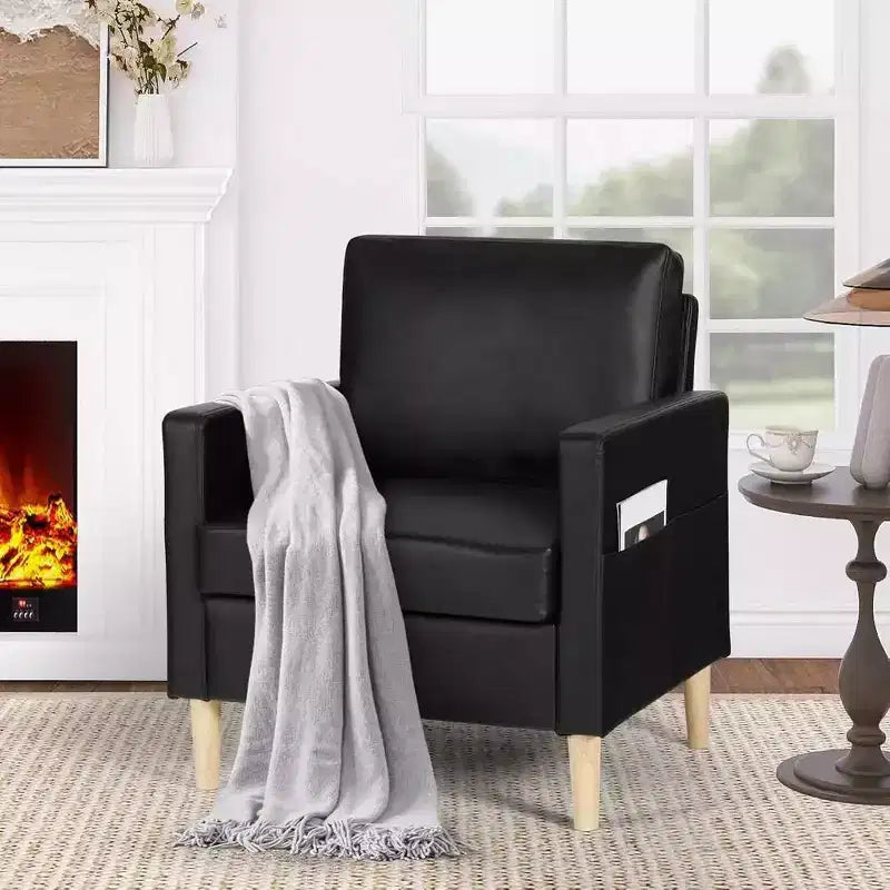 TYBOATLE Faux Leather Accent Chair, Mid-Century Modern Upholstered Reading Armchair with Pockets