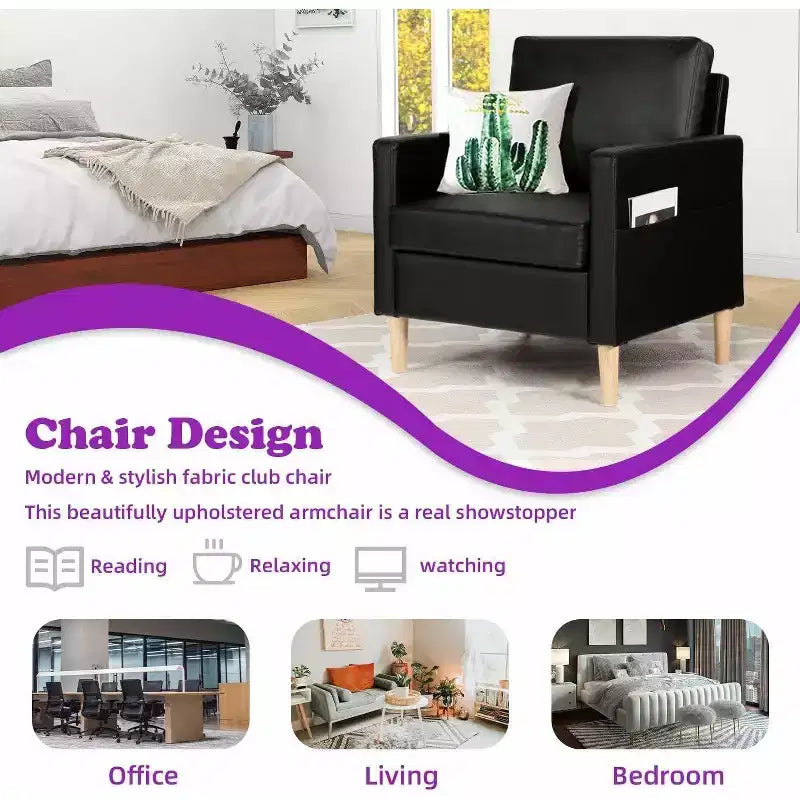 Fauteuil d'appoint en similicuir, fauteuil de lecture rembourré de style moderne du milieu du siècle avec poches