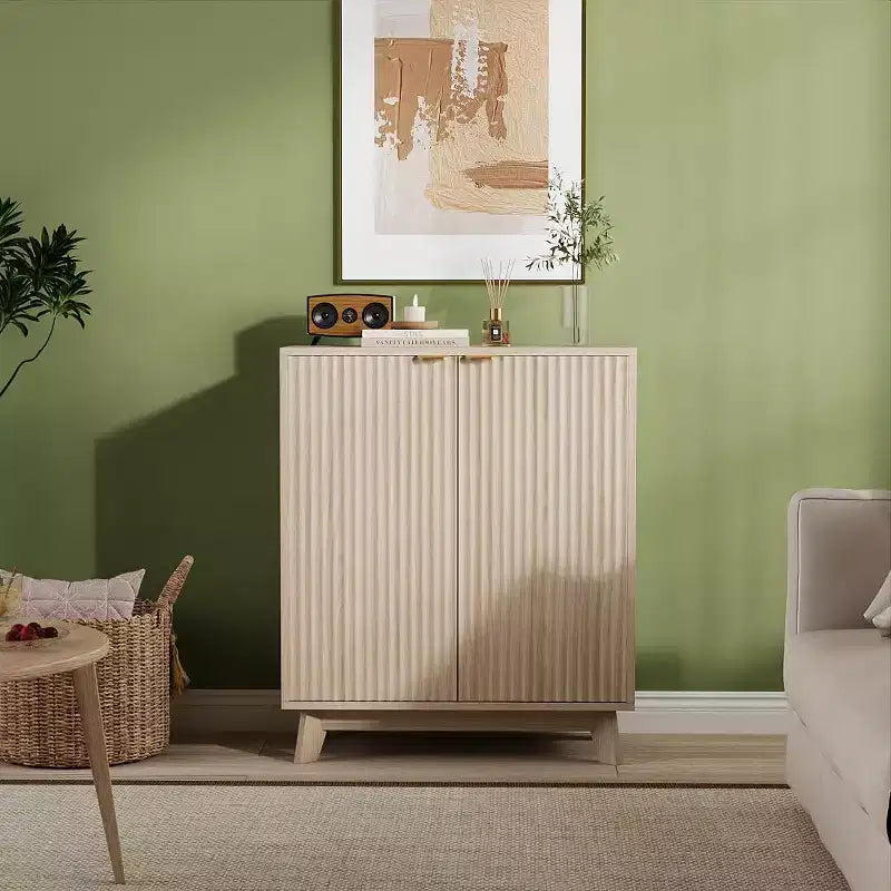 Fluted Cabinet with Storage, Buffet Sideborad with 2 Doors, Kitchen Buffet Storage Accent Cabinet w/ Shelves for Living Room, Entry, Hallway, Natural