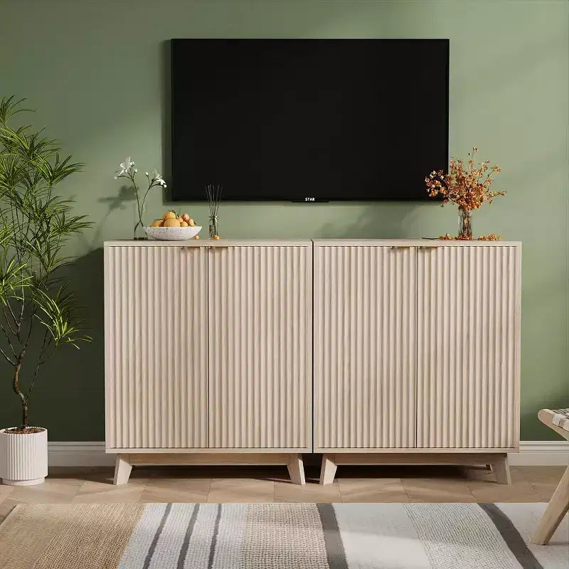 Meuble de rangement cannelé, buffet avec 2 portes, meuble d'appoint de cuisine avec étagères pour salon, entrée, couloir, naturel