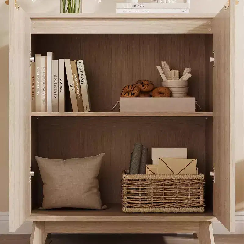 Meuble de rangement cannelé, buffet avec 2 portes, meuble d'appoint de cuisine avec étagères pour salon, entrée, couloir, naturel
