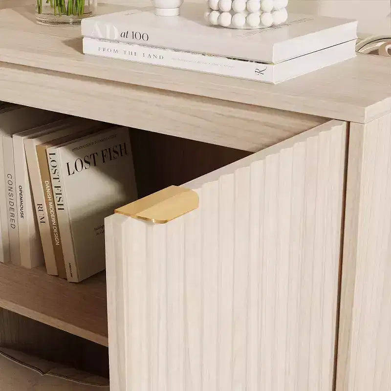 Meuble de rangement cannelé, buffet avec 2 portes, meuble d'appoint de cuisine avec étagères pour salon, entrée, couloir, naturel