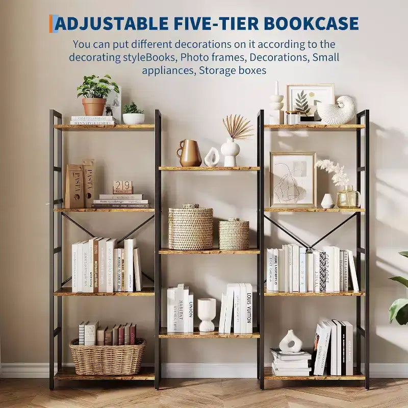 Bibliothèque industrielle à trois colonnes, 11 étagères réglables, capacité de 45 kg/étagère, cadre en acier et panneaux de particules (noir/marron)