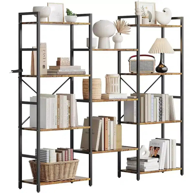 Bibliothèque industrielle à trois colonnes, 11 étagères réglables, capacité de 45 kg/étagère, cadre en acier et panneaux de particules (noir/marron)