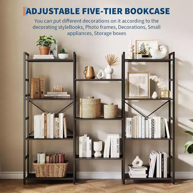 Bibliothèque industrielle à trois colonnes, 11 étagères réglables, capacité de 45 kg/étagère, cadre en acier et panneaux de particules (noir/marron)
