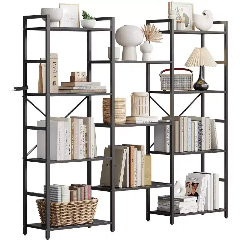 Bibliothèque industrielle à trois colonnes, 11 étagères réglables, capacité de 45 kg/étagère, cadre en acier et panneaux de particules (noir/marron)