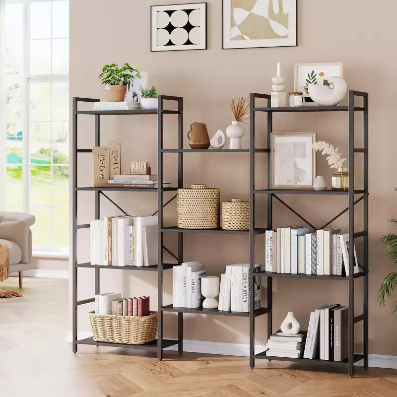 Industrial Triple-Column Bookcase  11 Adjustable Shelves, 100LB/Shelf Capacity, Steel Frame &amp; Particle Board (Black/Brown)