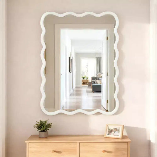 MAYEERTY 30 x 40 Wavy Rectangle Solid Wood Frame Decroative Mirror for Bedroom Bathroom Living Room White